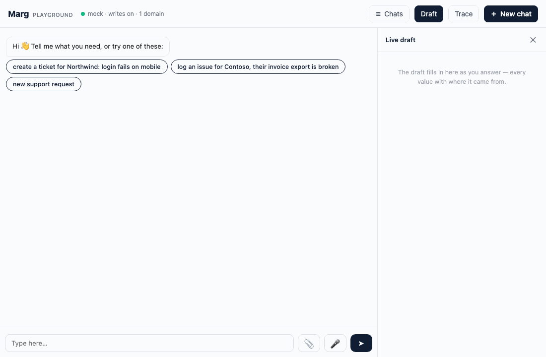 The playground: a ticket typed in one sentence, a customer picker, category chips, a details card the runtime draws and reads, priority chips, a summary with provenance, the create.